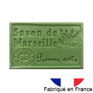 Marseille soap 125 gr. with vegetable oils and organic olive oil. 72% oil. (Pomme verte)